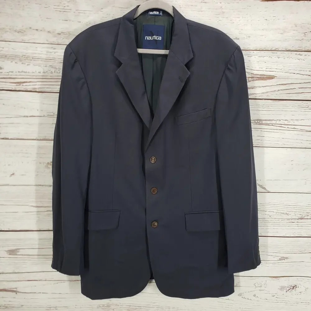 Nautica Men's Blue Wool 3 Button Mini Herringbone Sports Blazer Size 44L